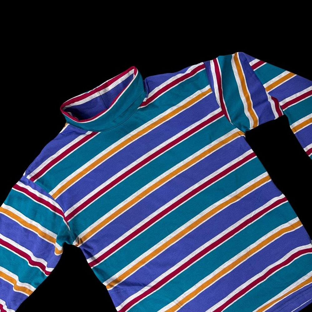 Vintage Striped Turtleneck Long Sleeve Shirt Pockets Medium French Navy USA 90s